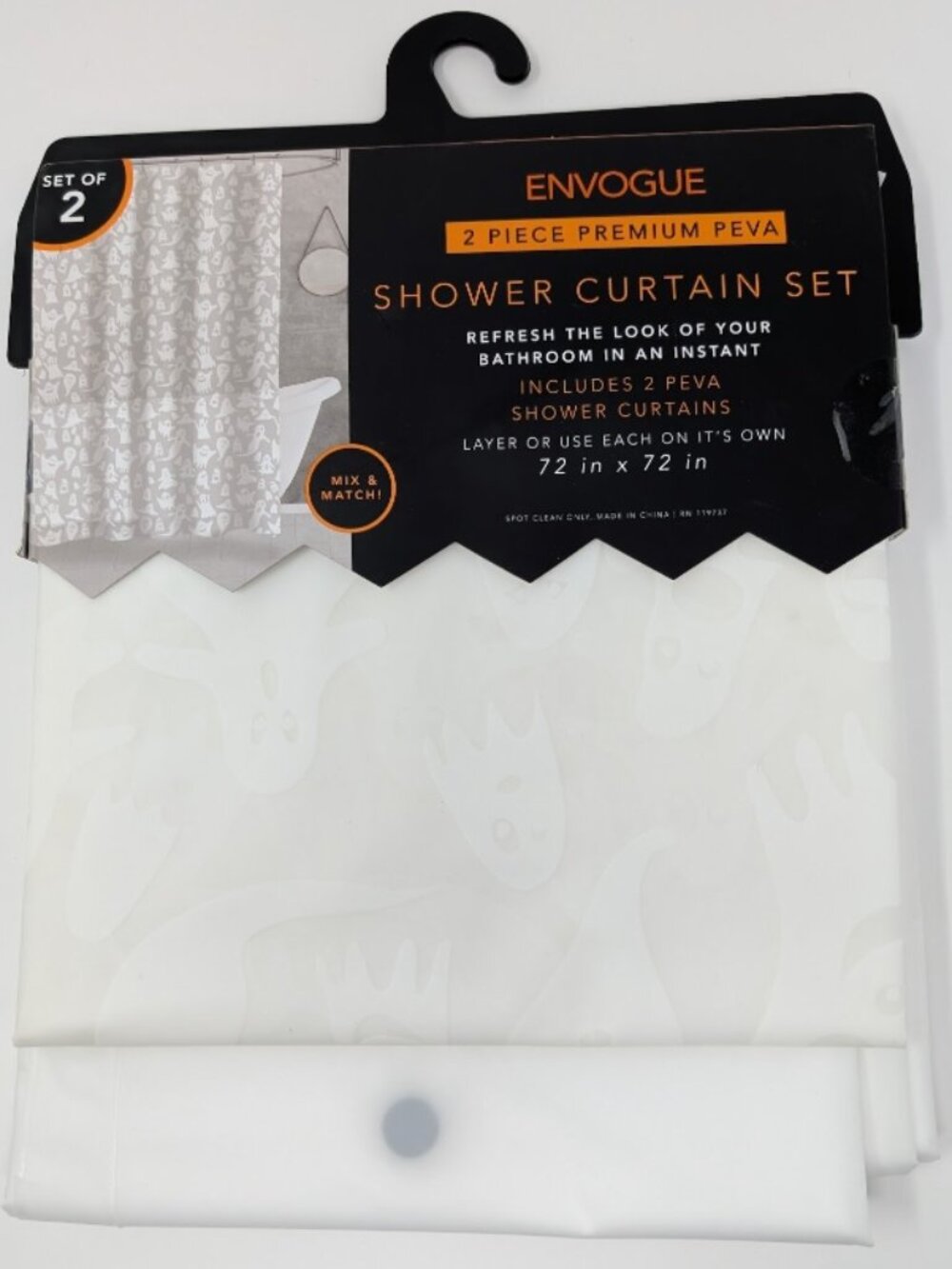 EnVogue Ghost Shower Curtain Set - 2 Piece Premium PEVA - 72" x 72" - White/Grey